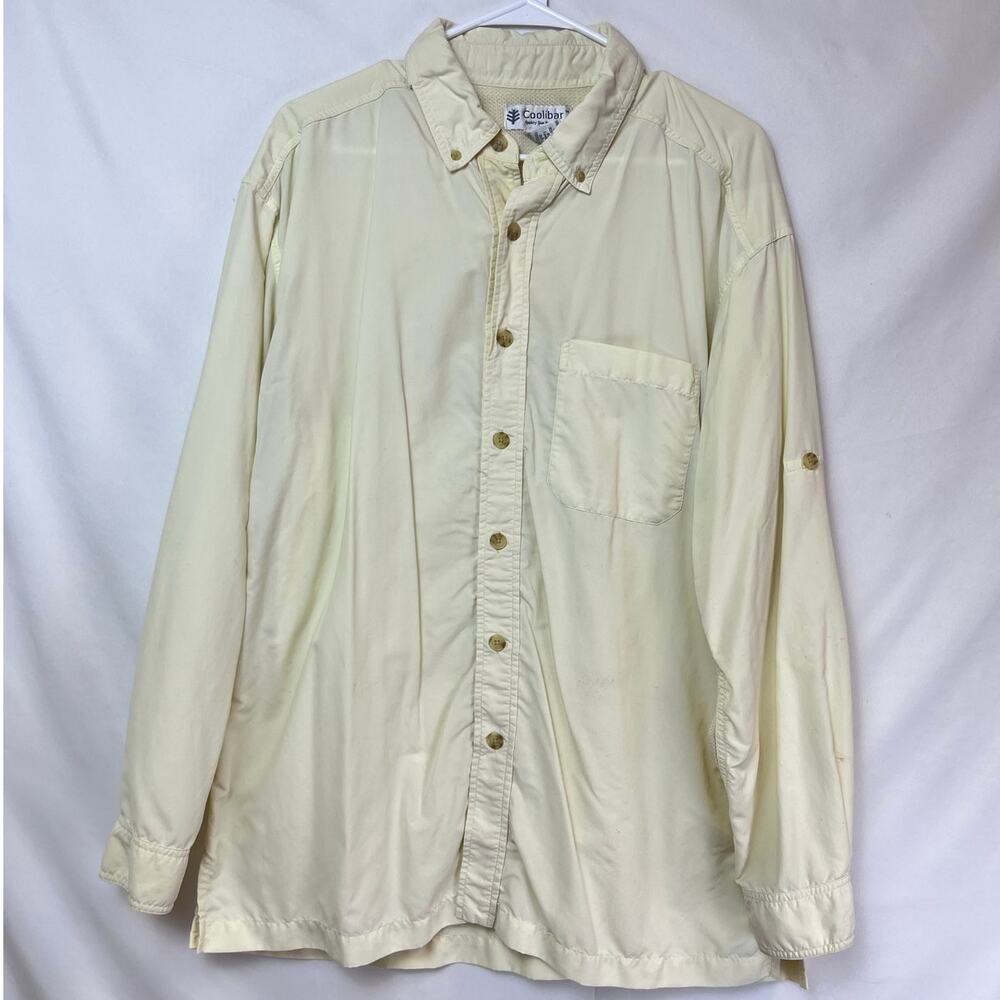 Coolibar Men Cream Long Sleeve Button Down Beach Pool Fishing Vacation Shirt - L